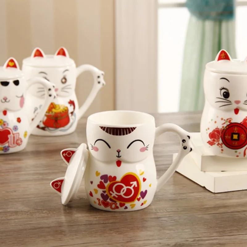 Cute Japanese Lucky Cat Porcelain Coffee Cup 3D Creative Ceramic Tea Cup Lovely Cat Tea Mug Drinkware