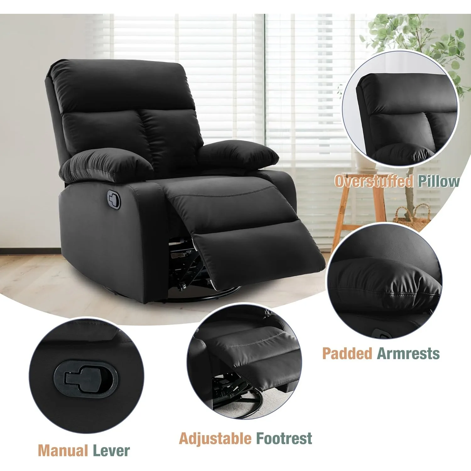 Swivel Rocker Recliner, Rocking Recliners Chair for Small Spaces, Small Rocker Recliner Chair, Nursery Rocking Chairs Black