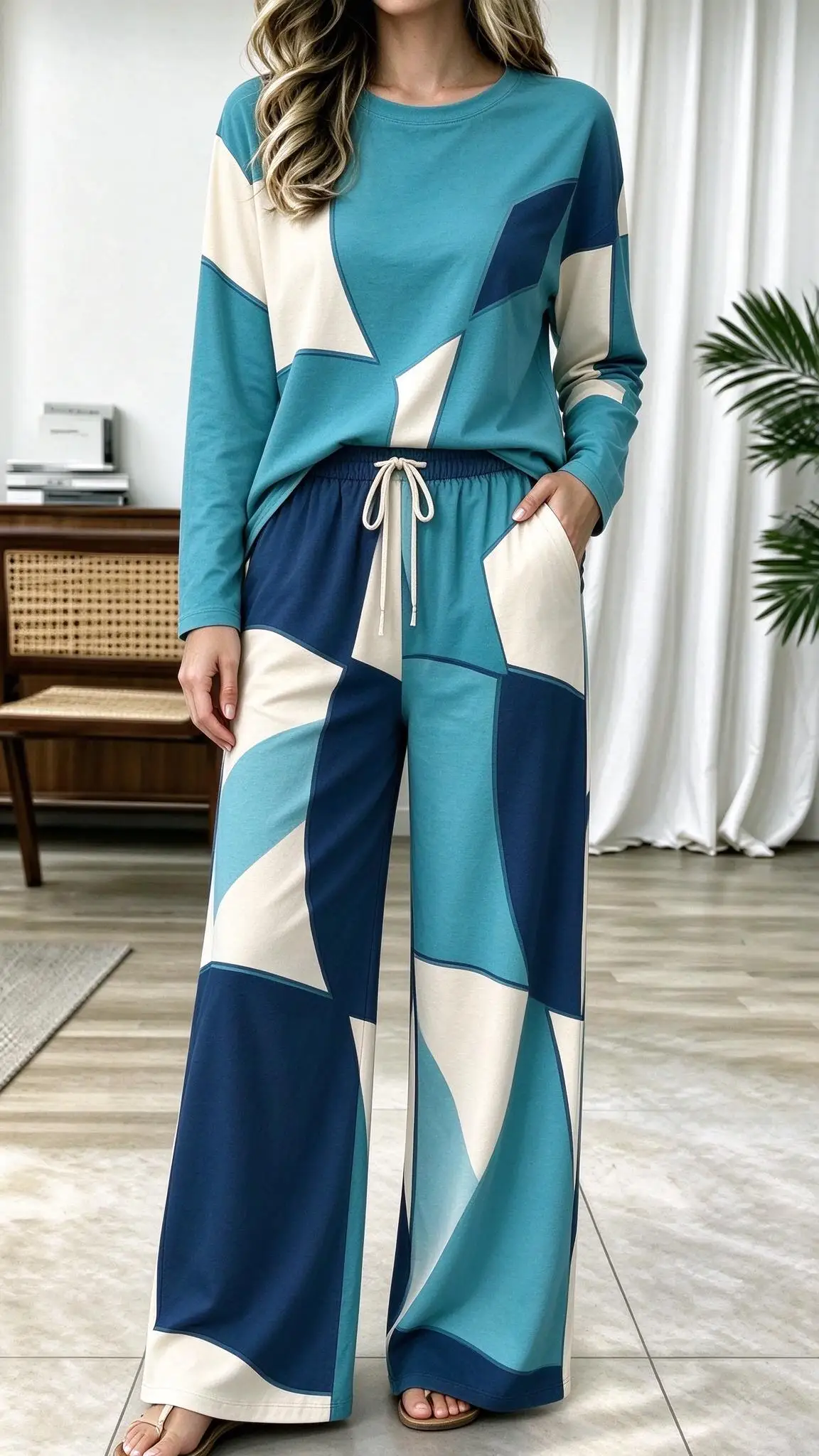 Women Imitation Cotton Pajama Set Blue Geometric Color Block Patchwork Print Round Neck Long Sleeve 2PCS Sleepwear Loungewear