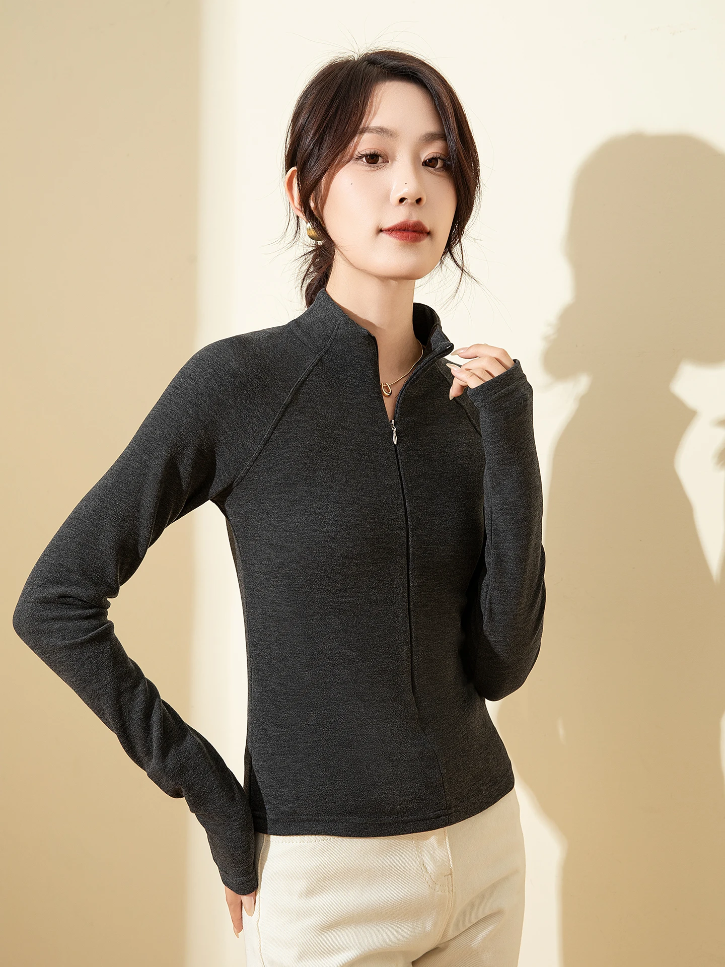 

Женская утепленная спортивная кофта Slim Fit с высоким воротом и длинными рукавами для осени и зимы, с невидимой молнией, для ношения под одеждой