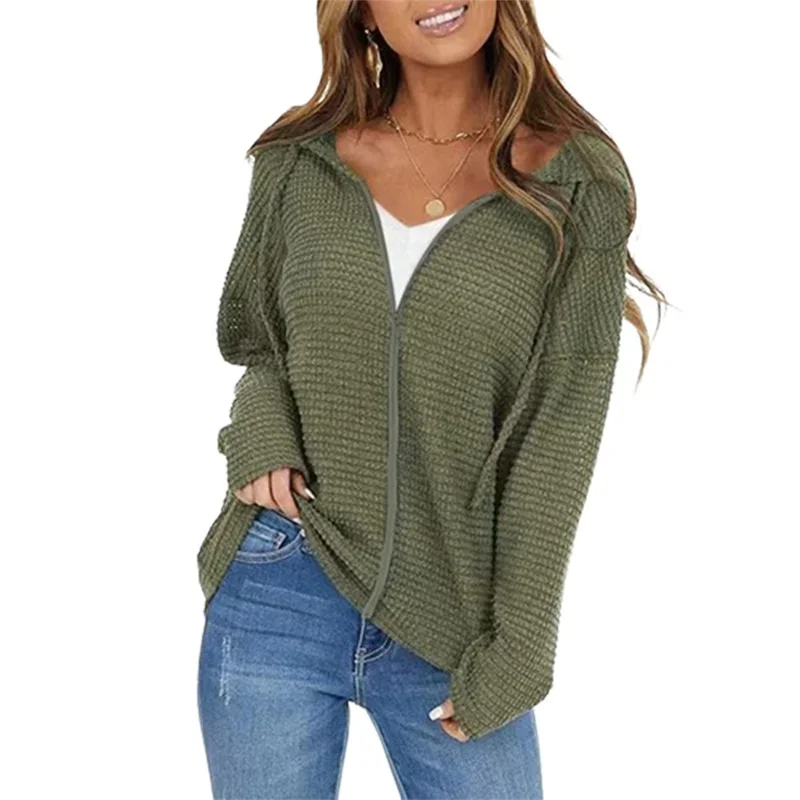 Simple Style Waffle Hooded Sweatshirt Women Daily Casual Streetwear Autumn Winter Loose Hoodie Female Zipper Cardigan Outerwear