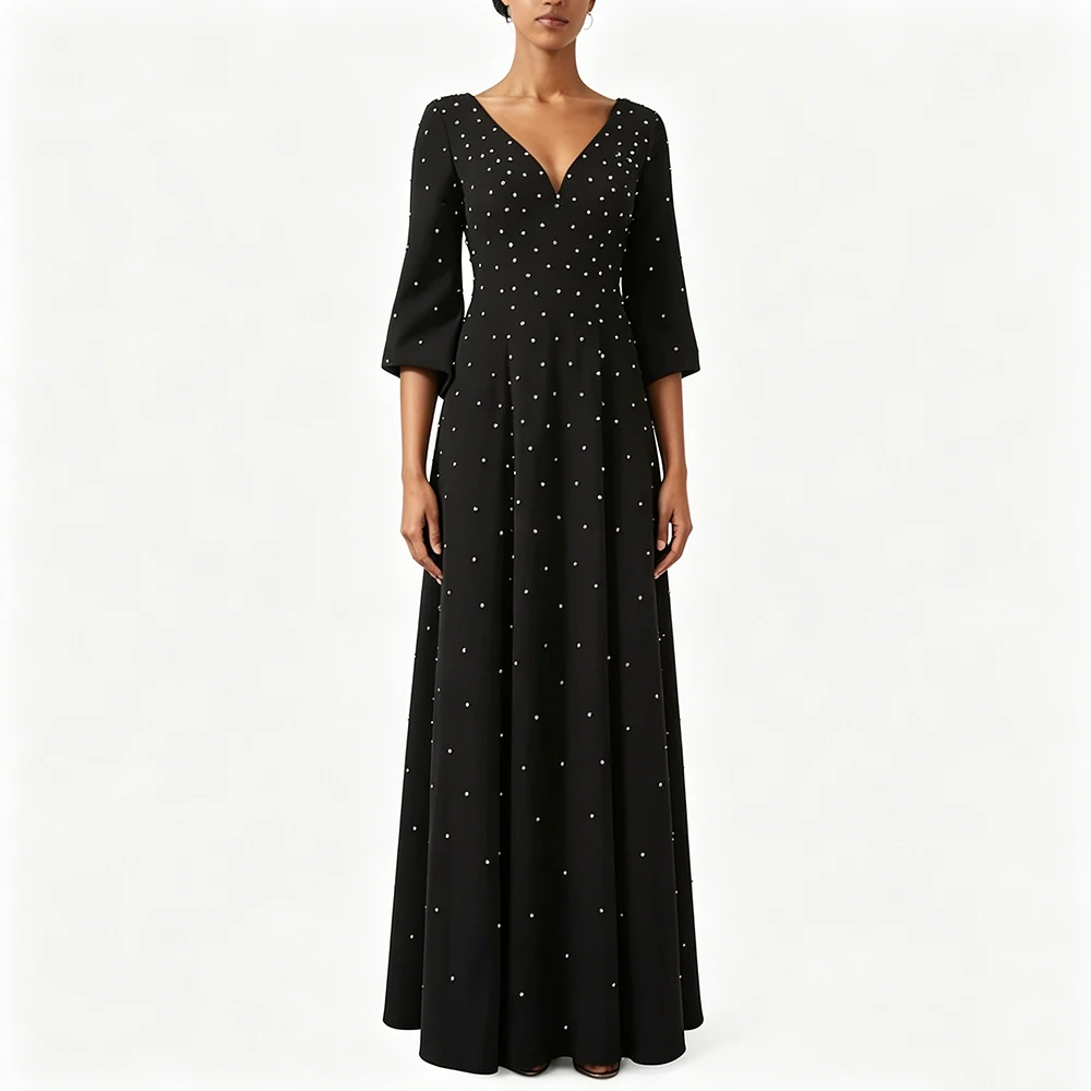 Maßgeschneidertes schwarzes Abendkleid mit Kristallen, modisches Partykleid mit V-Ausschnitt, 3/4-Ärmeln, A-Linie, bodenlang, arabisches Ballkleid