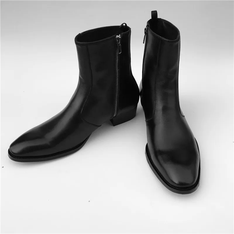 ジップアップ男性リアルピクチャー 100% 本革牛革ピオンテッドトゥ優しいスタイルスリムフィットジッパーブーツ