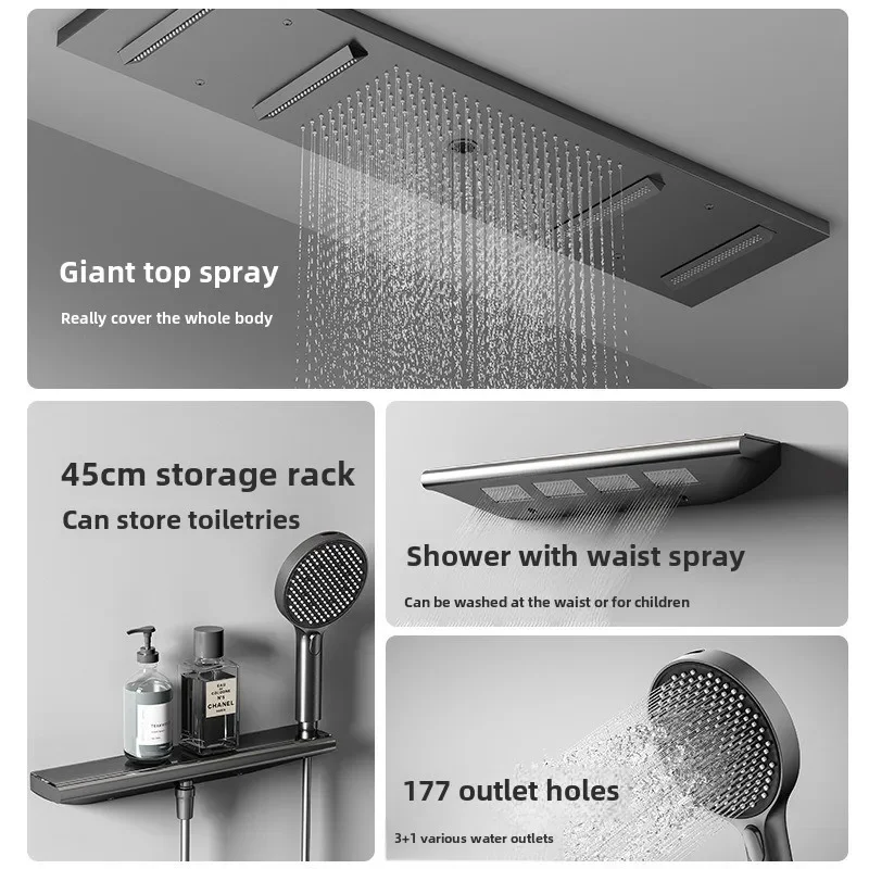 High-end Concealed Shower System Full Copper Design,Thermostatic Control,Embedded Rainfall Shower Head and Waterfall Feature