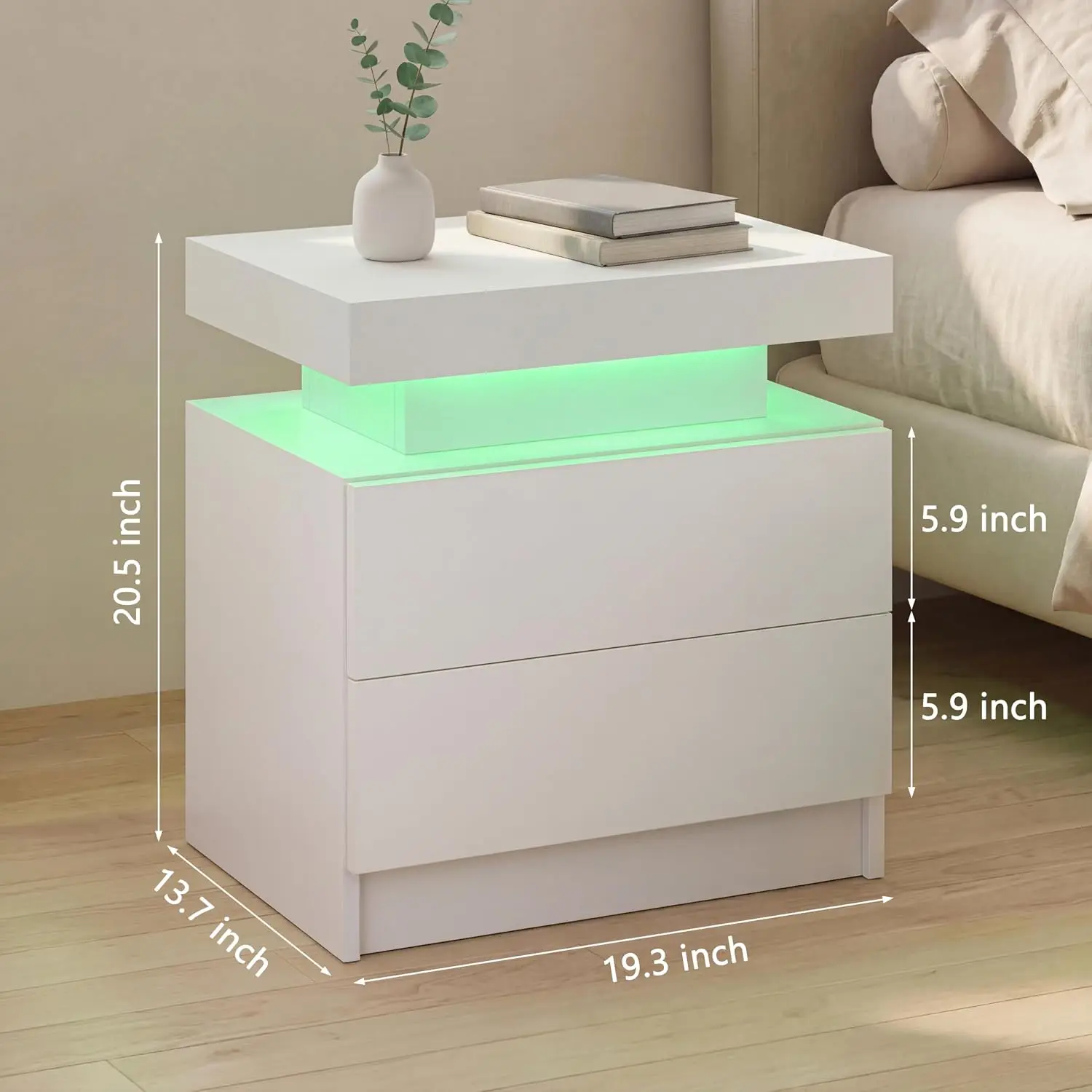 White LED Nightstand Set of 2 with Wood Drawer App-Controlled RGB Light Bedroom Bedside Table Storage, Customized