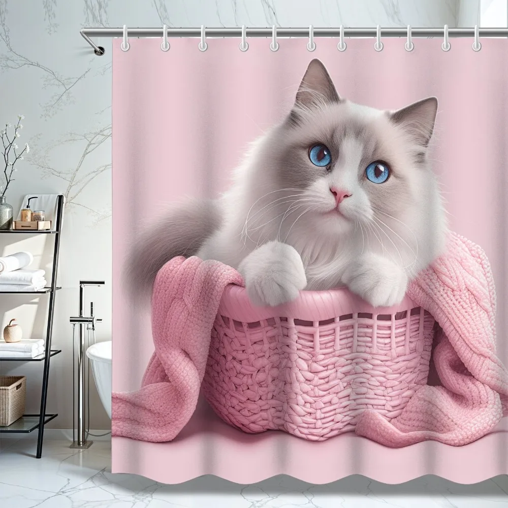 

Pink background cat Washable Dirt-Resistant Shower Curtain Shower Head waterproof Polyester Bath Curtain For Home Decor