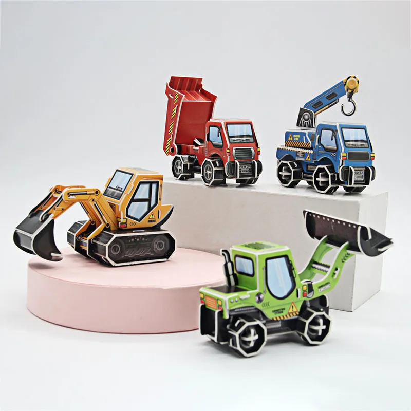 3D Cartoon Engineering Vehicle Cardboard Jigsaw Puzzle Excavator Truck Crane Paper Model for Kids Handmade DIY Toy Boys Gift