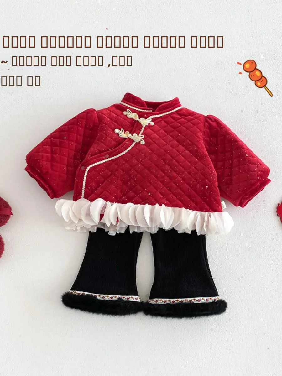 

Thiened Cotton Padded New Year Visit Clothes for Girls Baby Retro Sle Winter Jaet Children's Faionable Cotton Coat
