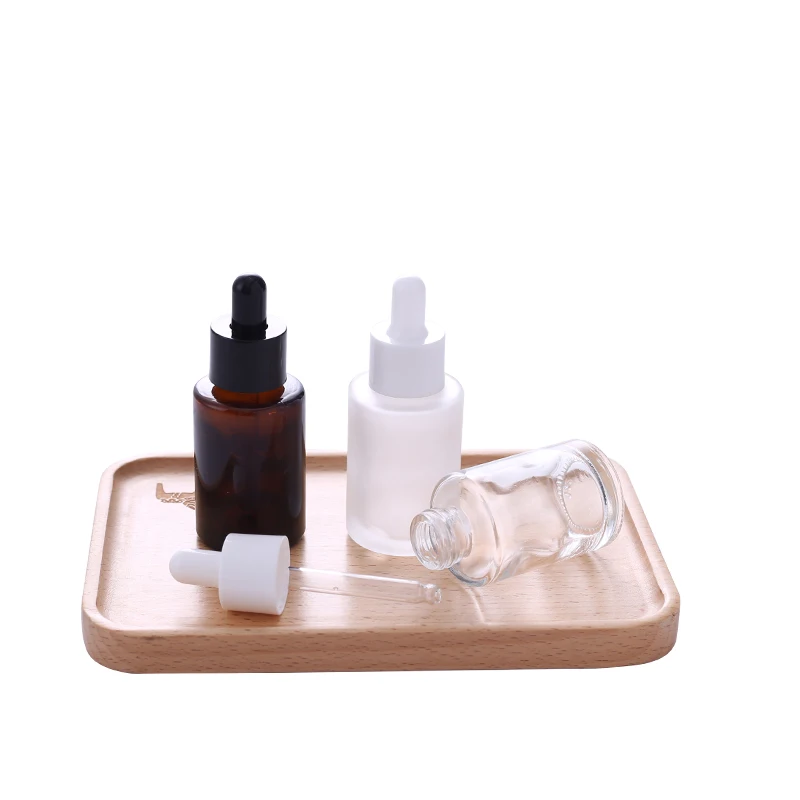 240pcs Amber clear frosted 1 oz 1oz 30 ml 30ml flat shoulder cylinder glass dropper bottle for serum essential oil frosted glass