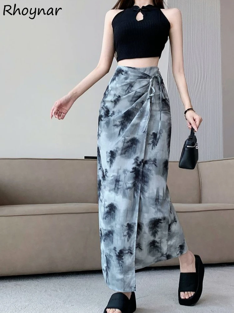 

One Piece Skirts Women Chinese Style Chiffon Lace-up Back-slit Hip-covering Irregular High Waist Graceful Gentle Summer Chic