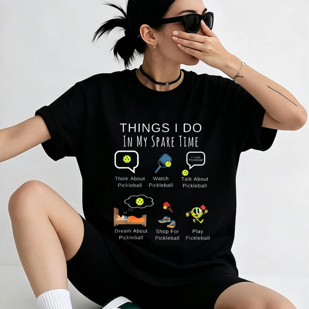 Things I Do in My Spare Time Six Cartoon Icons Pickleball Graphic Cotton T Shirt Unisex Funny Sports Slogan Outdoor Player Tops