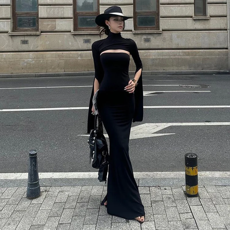MEXZT Elegante Zwarte Lange Jurk Vrouwen Party Prom Sexy Hollow Out Slit Maxi Jurken Coltrui Gewaad Lange Mouw Bodycon vestidos