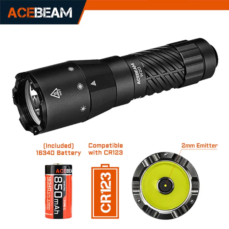 

ACEBEAM W20 LEP Long-Range Tactical Flashlight Compatible With 16340 CR123 USB C Rechargeable Light For Hunting Max 1100 Meters