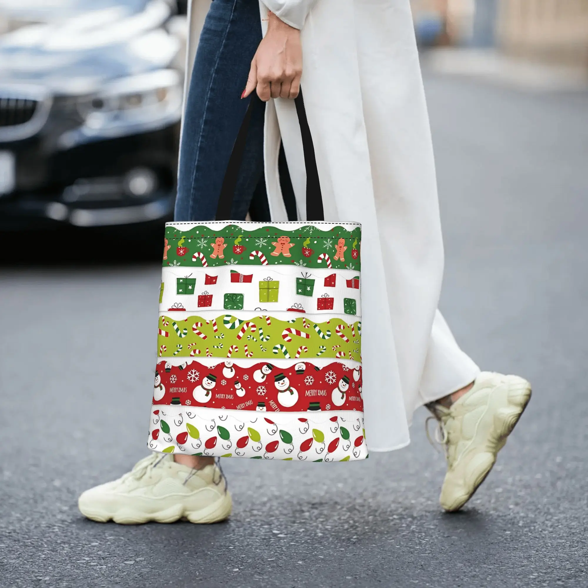 Customized Candy Cane Christmas Cartoon Pattern Women's Bag Shopping Bag Reusable Double Sided Canvas Tote Bag Shoulder  Handbag
