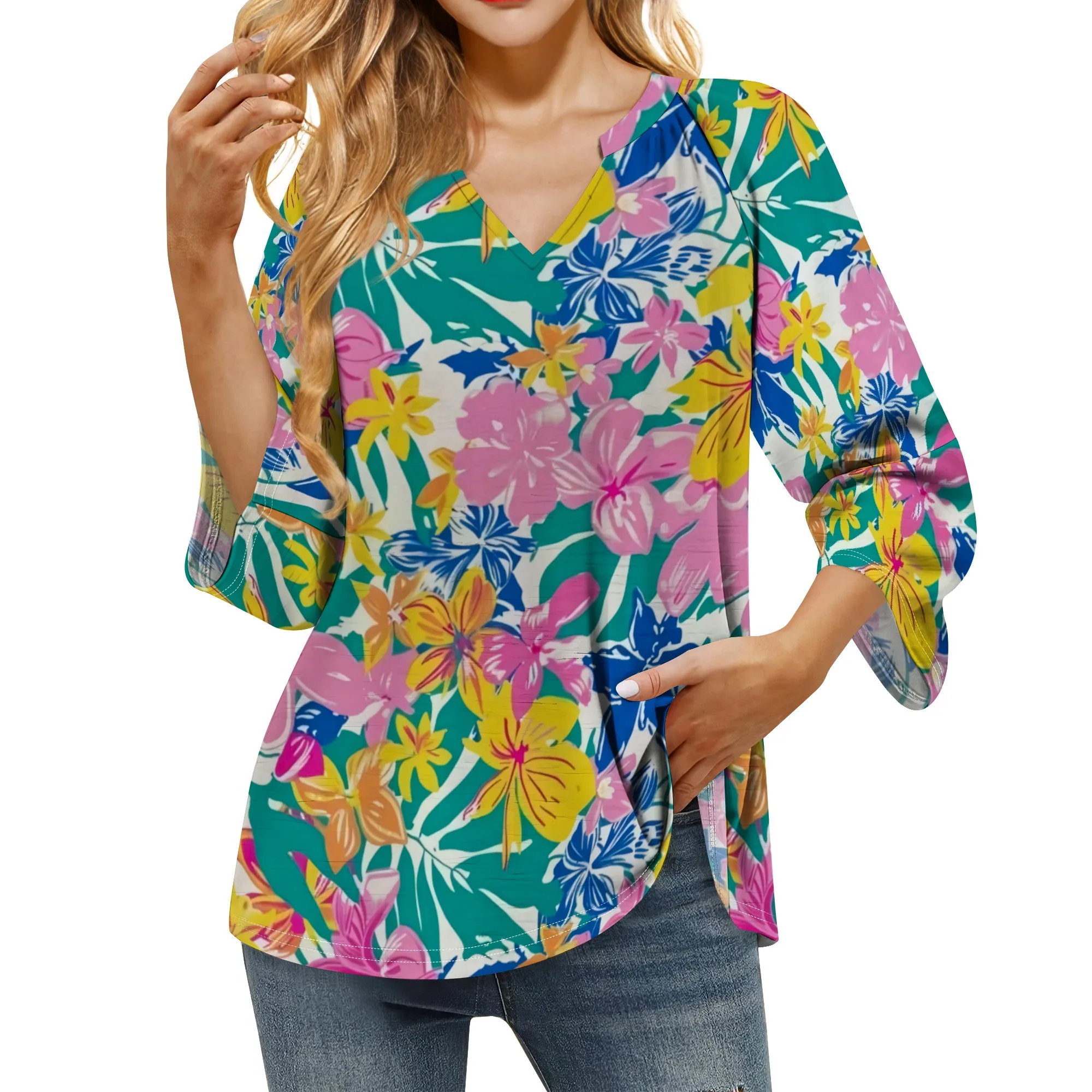

3/4 Length Sleeve Womens Neon Flowers Graphics Tops Summer V-Neck Blouses Tunic T-Shirts Dressy Casual