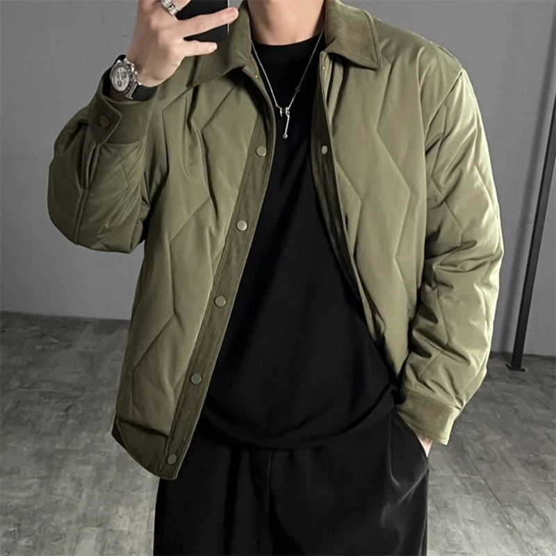 Men's Winter Corduroy Patchwork Cotton Jacket Thick Warm Lapel Fake Two Piece Loose Fashion Coat Outerwear