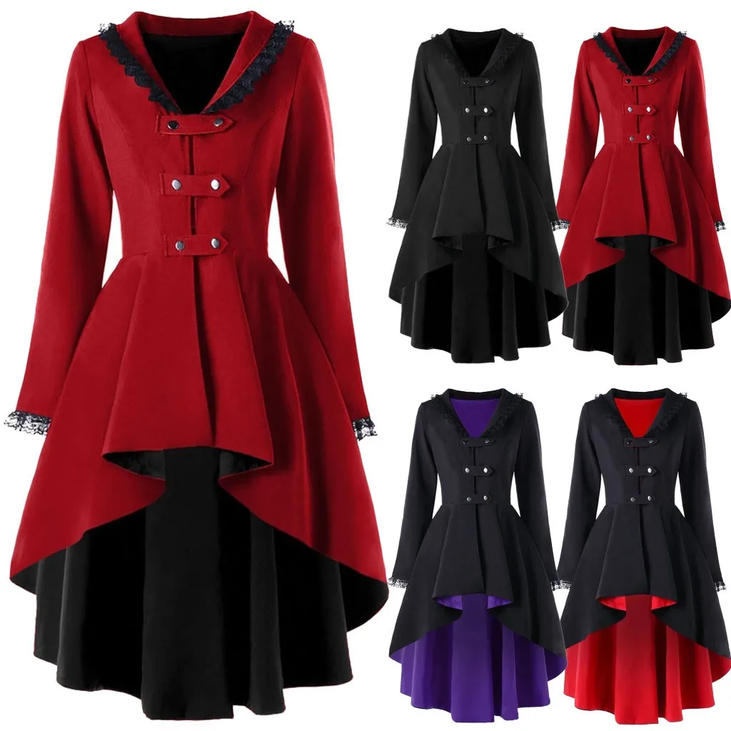 

Women Medieval Irregular Hem Trench Coat Renaissance Retro Long Jacket Lace Patchwork Slim Tuxedo Dress Halloween Cosplay Tuxedo