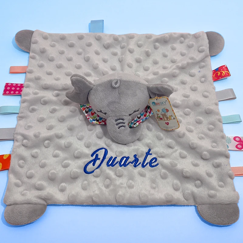 Personalised Baby Elephant Security Blanket Organic Cotton Comforter with Silicone Teether Infant Shower Gift