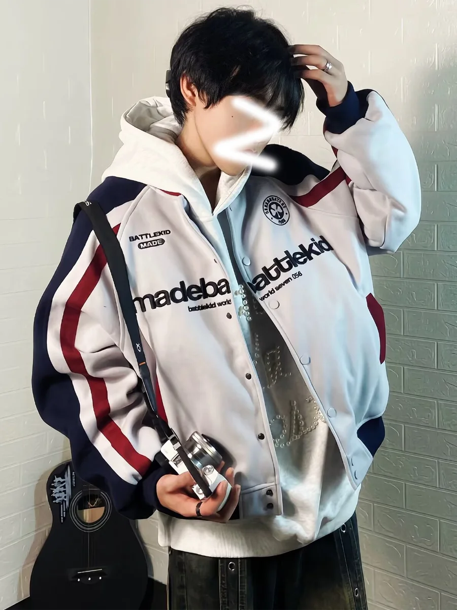 

Retro Oversized Embroidered Letter Jaet American Sle Baseball orm Couple Striped Outerwear Trendy ex Coat