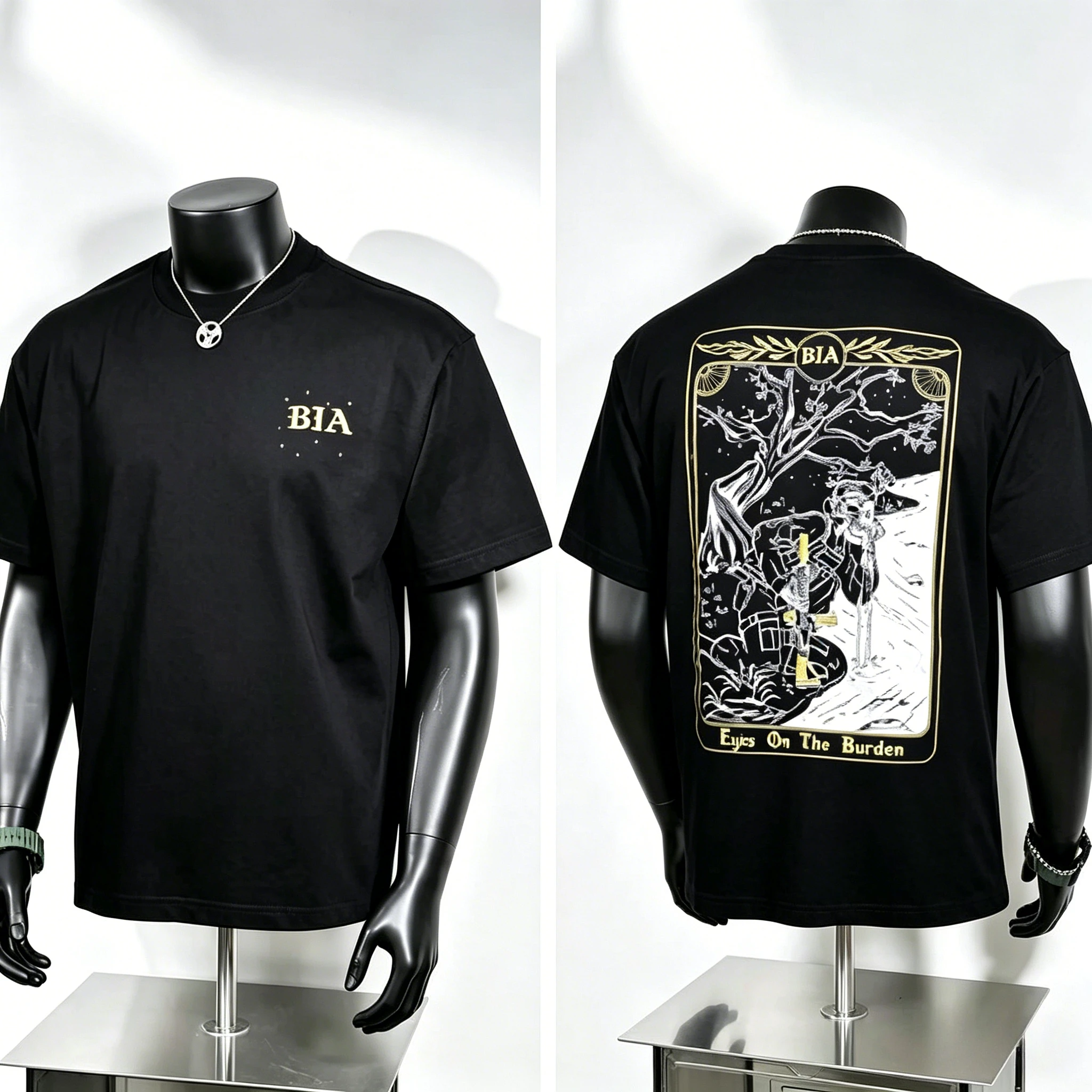 Outdoor Mission‑style Unisex T‑Shirt, Two‑sided Graphic with BIA Chest Logo and Eyes on The Burden Tarot Figure Print