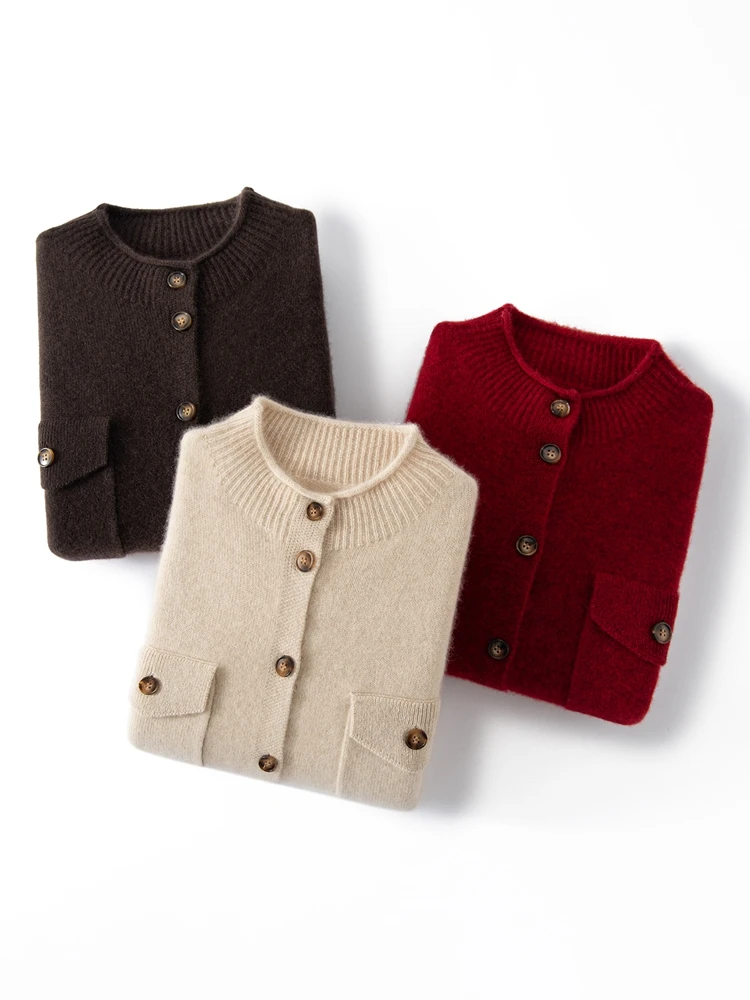 Women's Elegant 100% Cashmere Knitted Cardigan Sweater Autumn Winter Thick Mock Neck Casual Loose Warm Comfort Clothing Tops