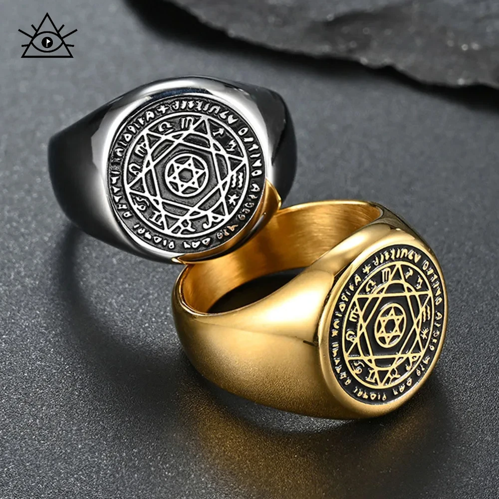 Pentagram of Solomon Rings for Men Patron Saint Ring Archangel Raphael Sigil Divine Healer Stainless Steel Male Jewelry