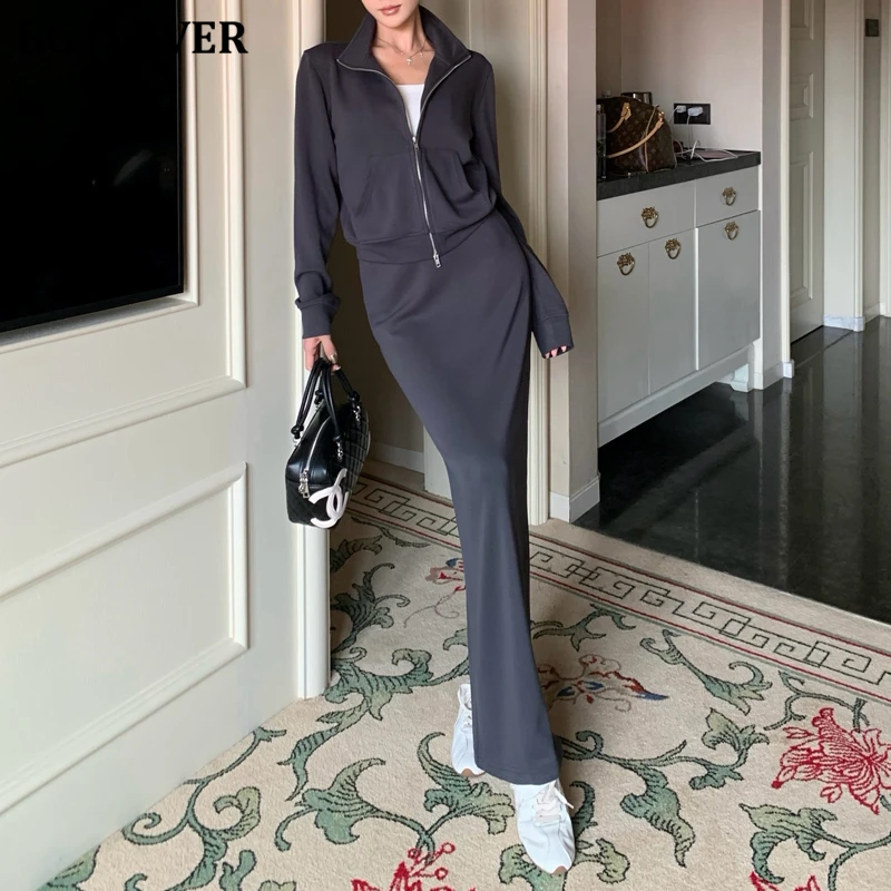 BGTEEVER Casual Loose Women Tracksuits Long Sleeve Zipper Up Coats & High Waist Split Package Hip Skirts Ladies 2 Pieces Set