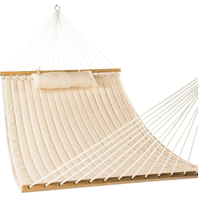 12Ft Double Quilted Hammock, With Spreader Bars Detachable Pillow, Two Person For Outdoor, Patio Backyard Poolside