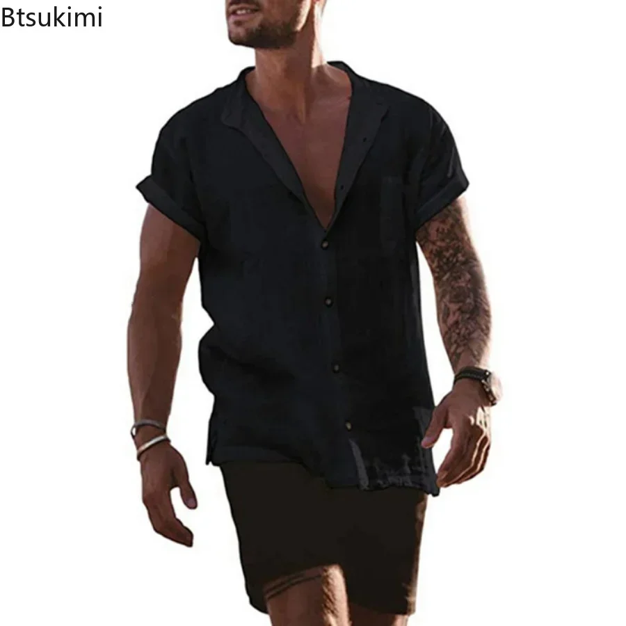 

2025 мужские летние повседневные рубашки, модные однотонные дышащие свободные рубашки с короткими рукавами и пуговицами, базовые хлопковые льняные рубашки для мужчин, футболки