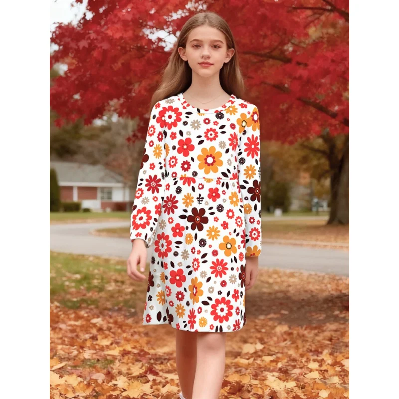 فستان بناتي عتيق بأكمام طويلة مزين بالزهور للخريف فستان بنمط عتيق مطبوع ملون للفتيات