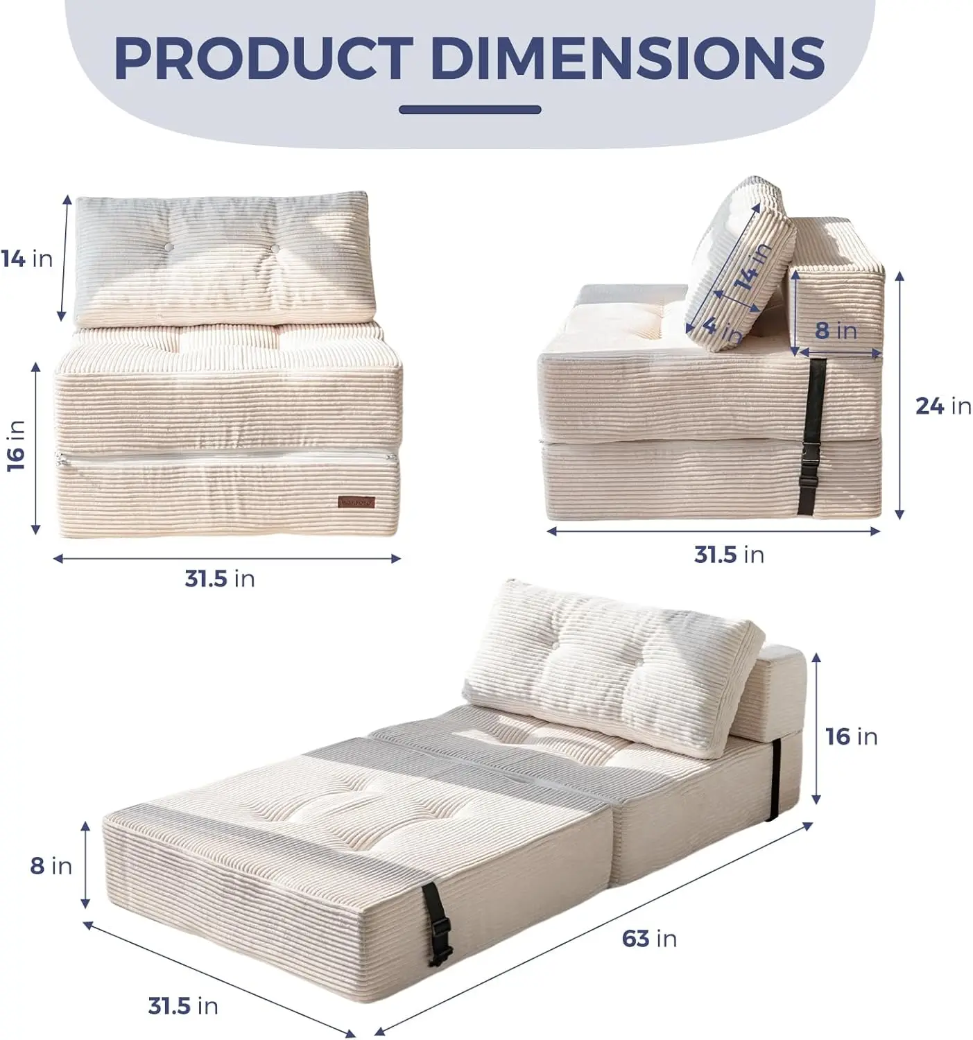 Versatile Beige 4-in-1 Convertible Portable Lounger Chair High-Density Support Foam Fabric Upholstery Folding Sofa Bed Bedroom