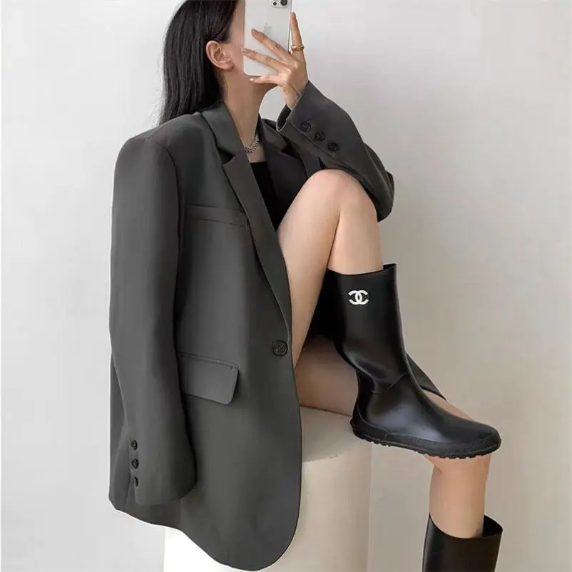 Gray Suit Jacket Women's Fashion Casual Autumn Spring New Winter Short Size West Coat Classic Pure Color