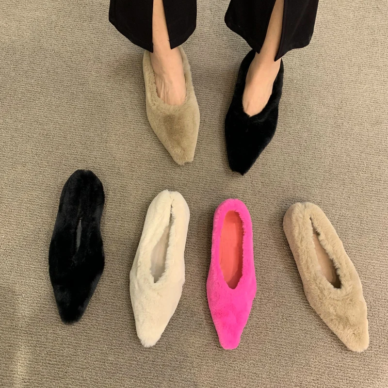 Zapatos planos de Ballet de piel con punta estrecha para Mujer, mocasines cálidos de felpa poco profundos para Mujer, Zapatos de vestir de tacón peludo conciso para Mujer, moda de invierno