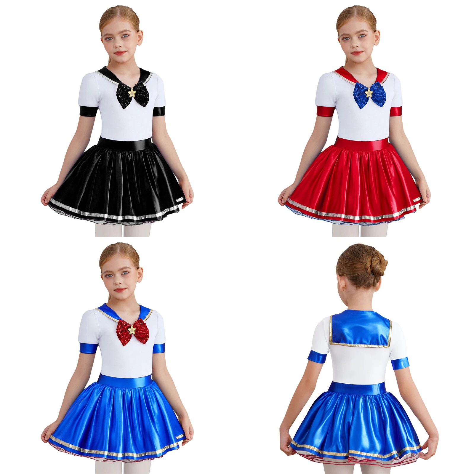 الأطفال هالوين كرنفال أنيمي بحار السحرية فتاة تأثيري أداء فستان قصير الأكمام لامع ربطة القوس فيونكة شبكة يوتار توتو