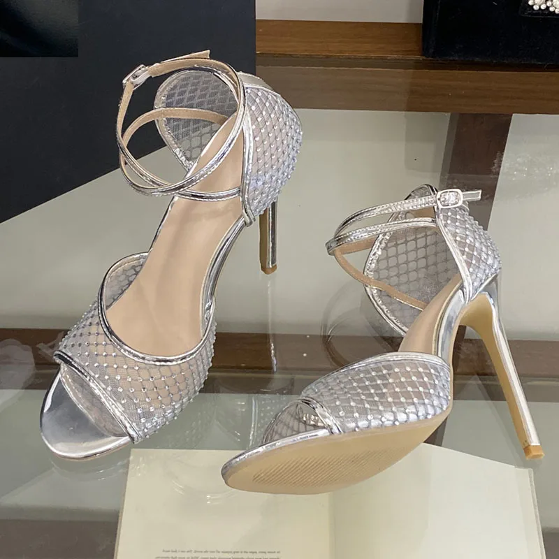 

Eilyken Summer Gold Silver Crystal Breathable Mesh Buckle Strap Women Sandals Sexy Thin High Heels Striptease Shoes