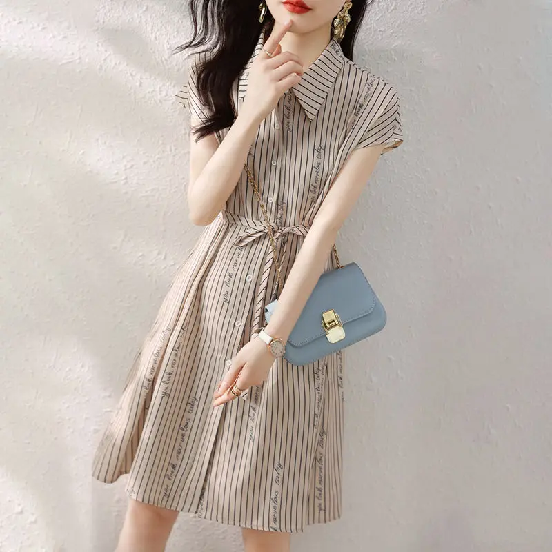 

Women's Clothing 2025 Summer New Office Lady Mini Dress Fashion Lapel Button Printed Letter Bandage Bow Striped Shirt Dress