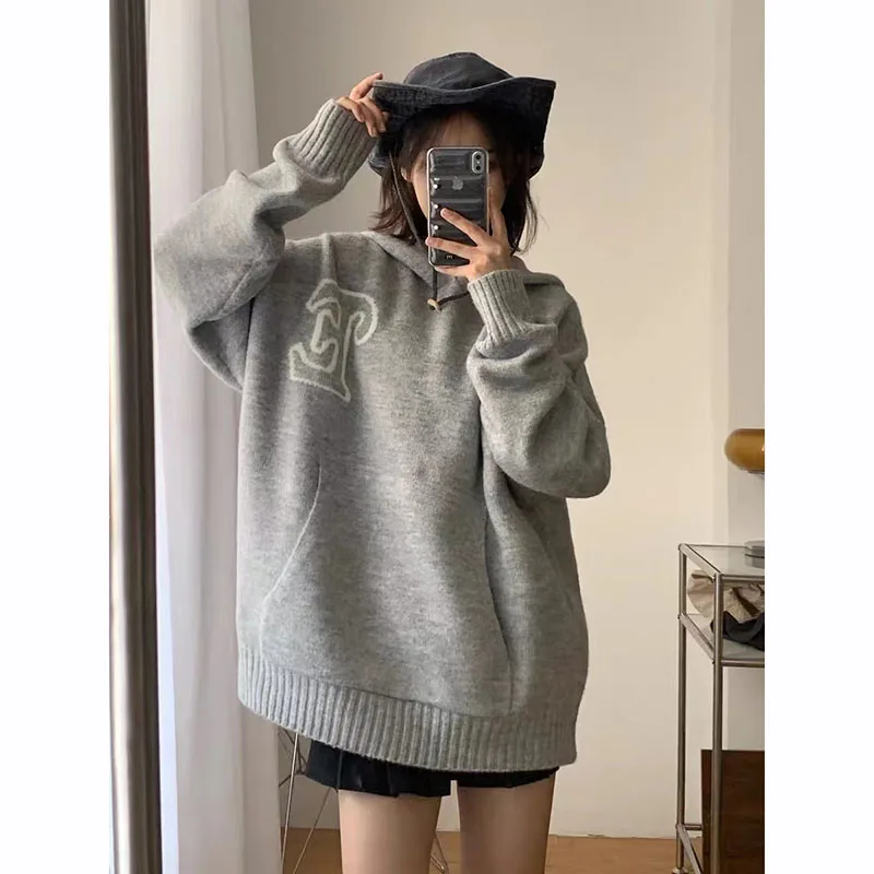 Gray Letter Graphic Hoodie Sweater Women Y2K Autumn Loose Korean Warm Knit Sweatshirt Bf Streetwear Oversize All Match Pullover