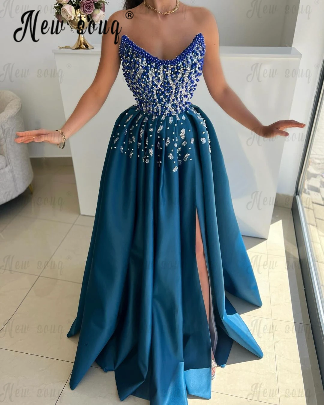 

Dark Blue Beaded Sparkly Prom Dress A Line Side Slit Scoop Neck Evening Dress Dubai Wedding Party Gowns For Women Custom 2024