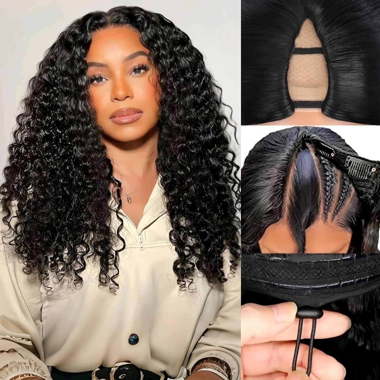 

Парик V-образной формы из натуральных человеческих волос, натуральный цвет, кудрявые волны, с застежкой-клипсой, 220% плотность, водная волна