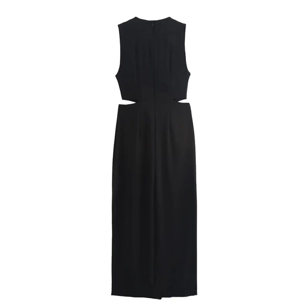 ชุดเดรสแฟชั่นฤดูร้อน Simple Cut-Out แขนกุดคอกลม Midi Casual Shift ชุดเดรสสําหรับผู้หญิง