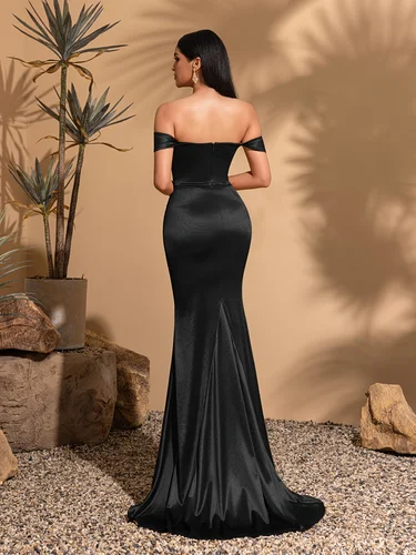 Imagen 2 del producto Elegante vestido de fiesta de boda con abertura y cintura alta plisado con hombros descubiertos