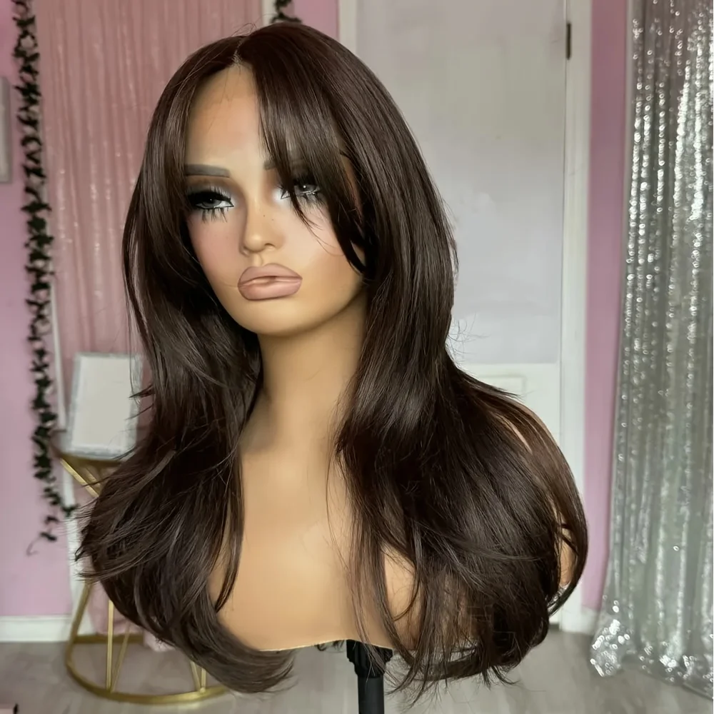 

26-дюймовый коричневый свободный длинный натуральный бесклеевой парик с волнистыми кружевами плотности 200 5x5 на шелковой основе для женщин, предварительно выщипанные детские волосы