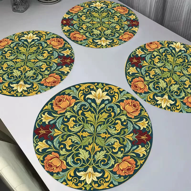 VIKAMA Retro Morris Deep Green Entangled Rose Lily Round Linen Placemats, Heat Resistant for Table Decoration