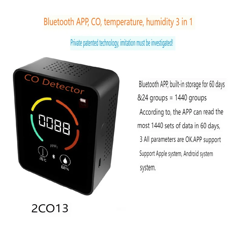 Aplikasi CO detektor suhu dan kelembaban Bluetooth 3 in 1 detektor layar berwarna pendeteksi karbon monoksida Monitor polusi udara rumah tangga