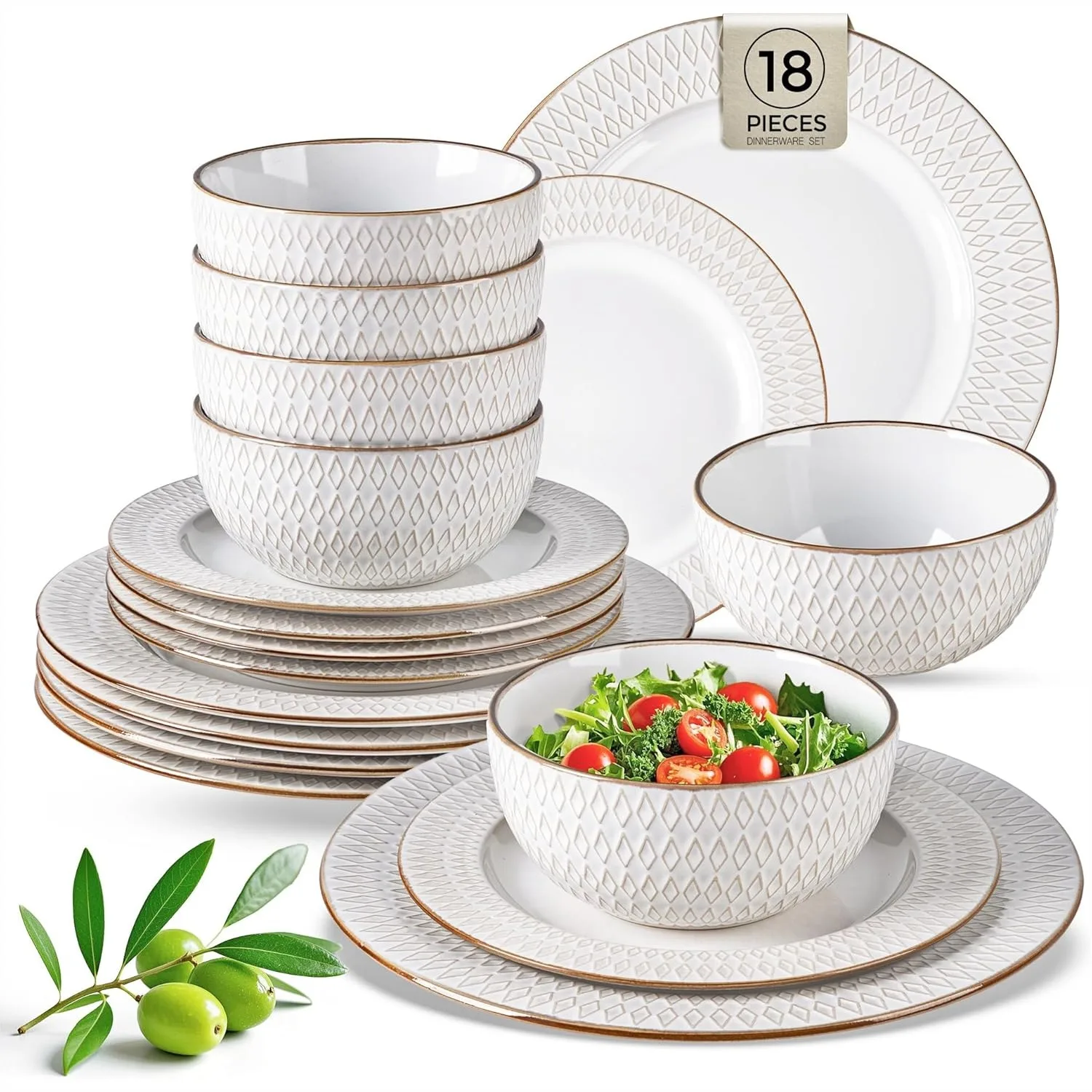Ceramic Dinnerware Sets 18-Piece Embossed Stoneware Plates and Bowls, Dishwasher Microwave Safe, Service for 6