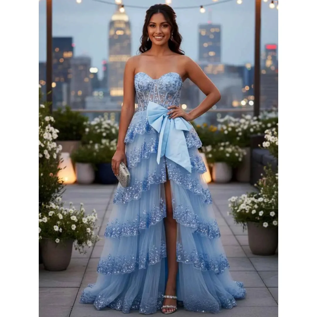 

Sparkly Lace Sequined Prom Dresses Bustier Corset Tiered Ruffles Party Dress with Bow Luxury Evening Gown Customized
