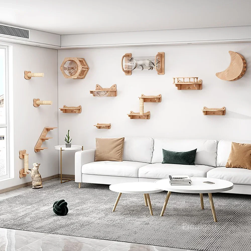 Wall Mounted Solid Wooden Cat Climbing Frame Hammock Scratching Post Shelf with Sisal Jumping Platform Ladder Steps Furniture view 6