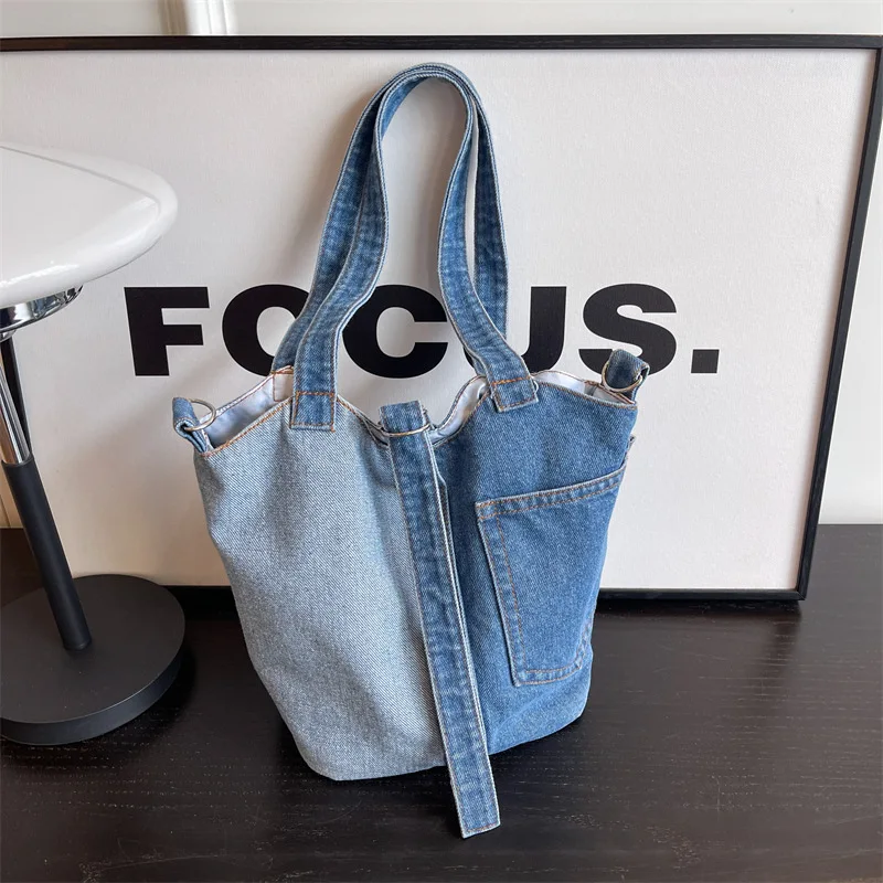 Washed Denim Fabric Bucket Bag Colorblock Patchwork Handbag Women\'s New Large Capacity Shopping One Shoulder Tote Crossbody Bag