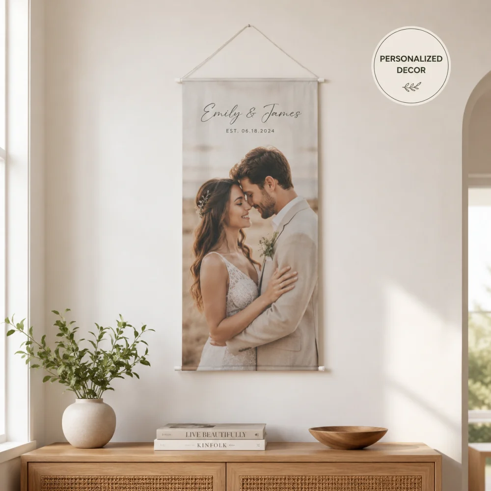 1Pc Personalized Photo Wall Hanging Banner Custom Picture Double Rod Flag Tapestry Home Bedroom Decor, Exclusive Gift