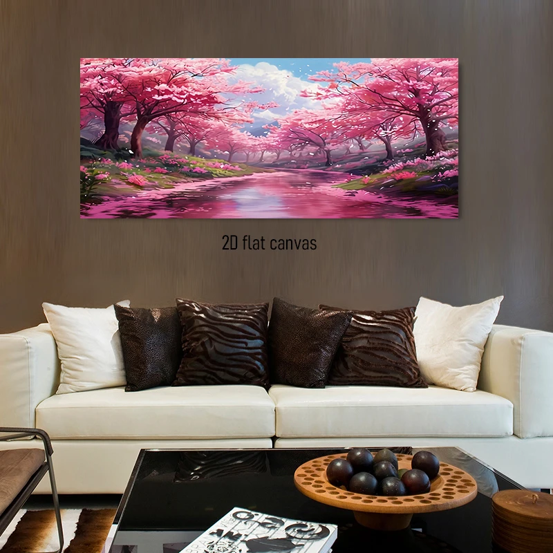 1 cherry blossom blooming riverside scenery living room decoration painting frameless 2D plan